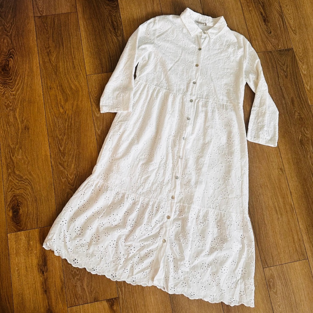 Laura Bianchi Italy White Cotton Eyelet Button Down Tiered Midi Dress Large